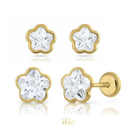 Set cercei aur galben 9K - Flori piatra mare incolora, 4,5 si 6,5 mm