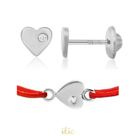 Set cercei + bratara snur aur alb 14K - Inimioare cu zirconia lateral