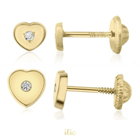 Set cercei aur galben 14K - Inimioare cu diamant, 4 si 6 mm