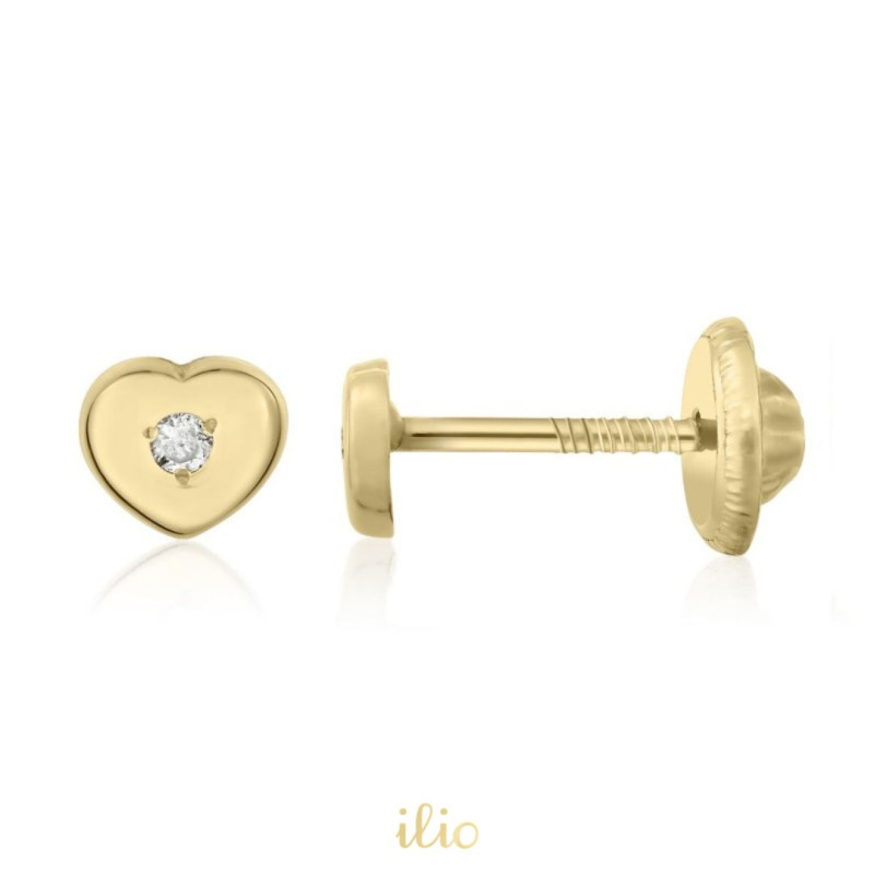 Cercei aur galben 14K Inimi mici diamant, 4 mm
