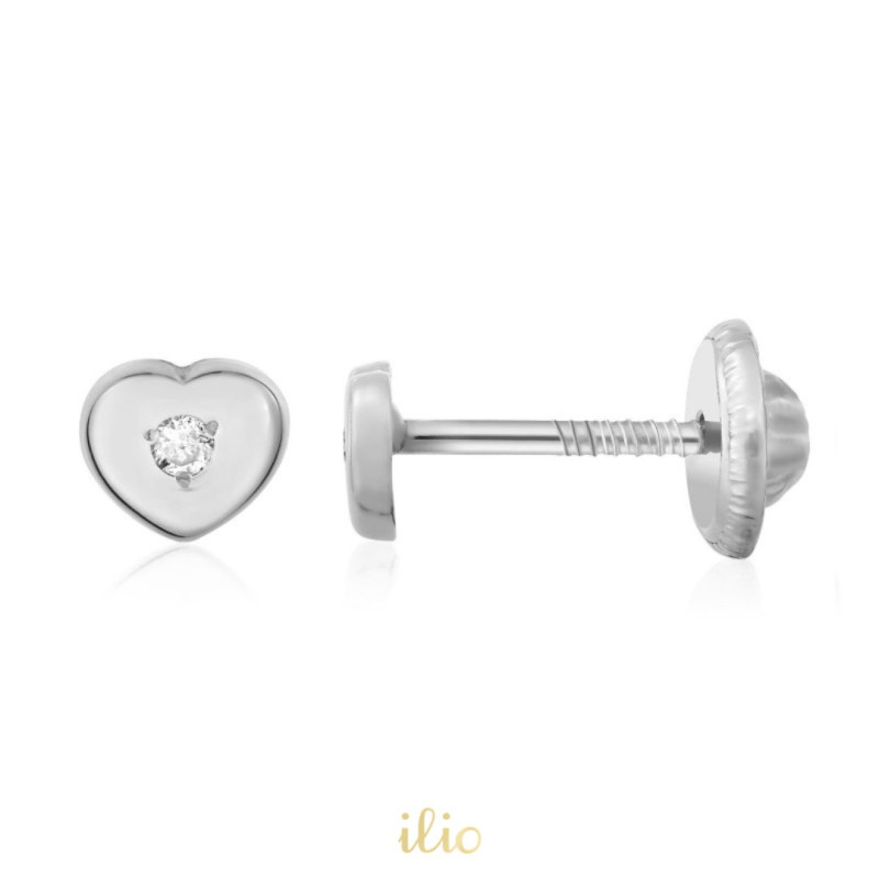 Cercei aur alb 14K Inimi mici diamant, 4 mm
