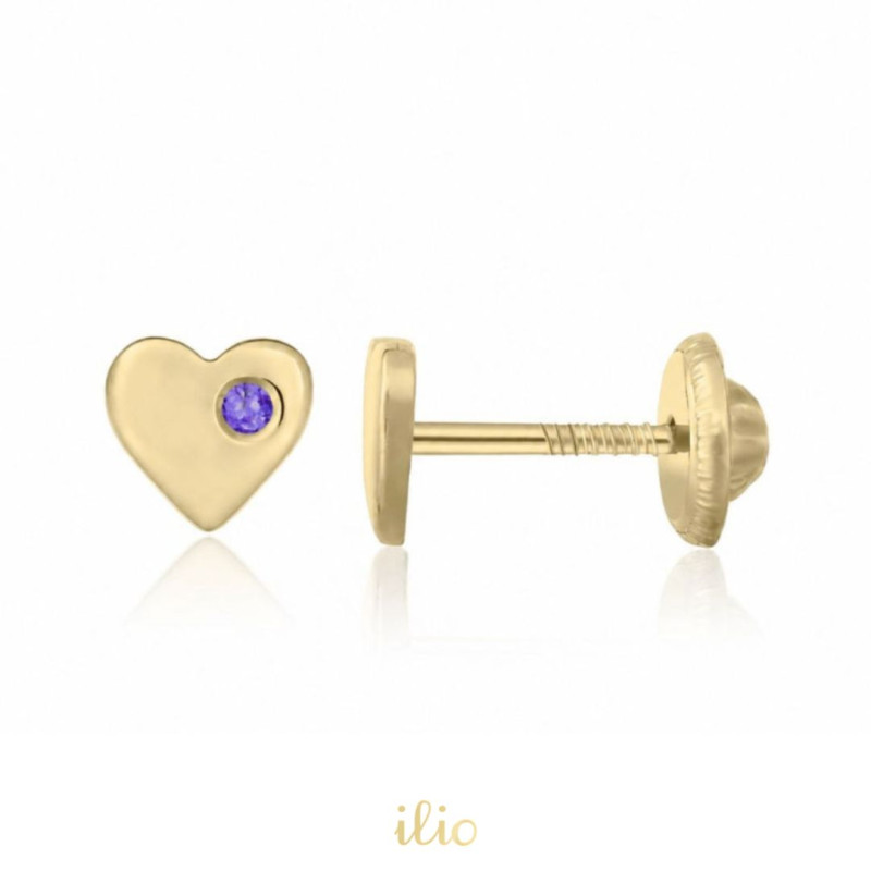 Inimi ametist lateral, 5 mm - Cercei aur galben 14K