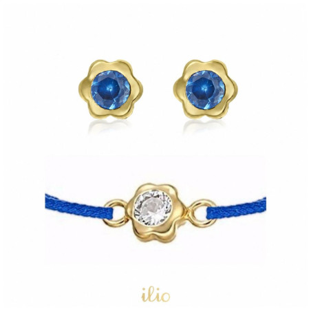 Set cercei + bratara snur - Floricele cu piatra albastra si incolora aur galben 14K