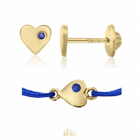 Set cercei + bratara snur aur galben 14K - Inimioare cu safir lateral