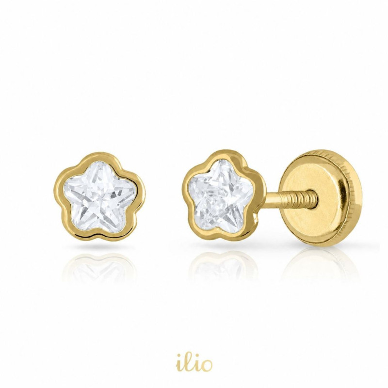Cercei aur galben 14K Flori piatra mare, 4,5 mm