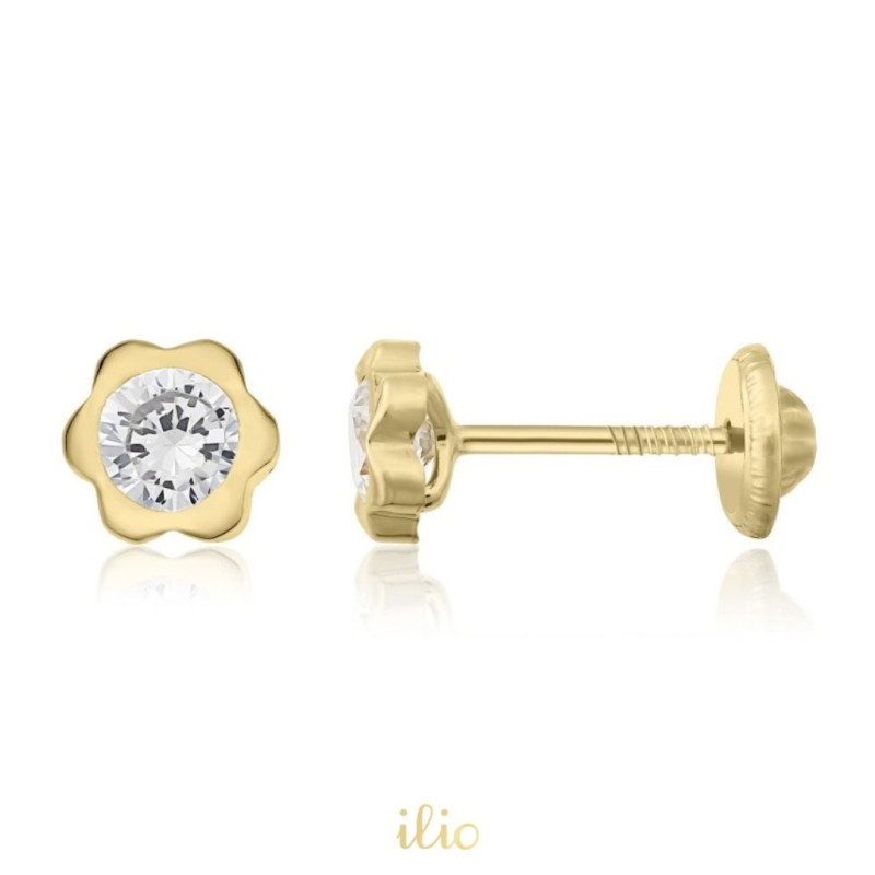 Cercei aur galben 14K Flori mari piatra incolora, 5 mm