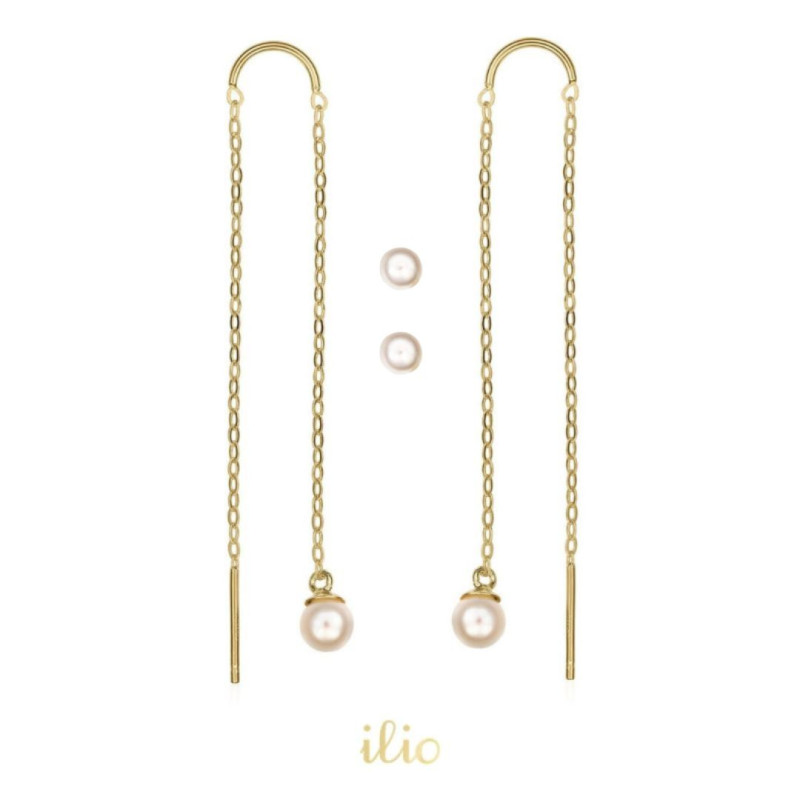 Set cercei aur galben - Perle mici 3 mm + Perle 4 mm cu lantisor