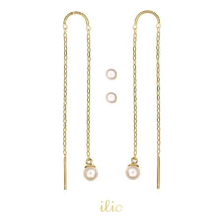 Set cercei aur galben - Perle mici 3 mm + Perle 4 mm cu lantisor