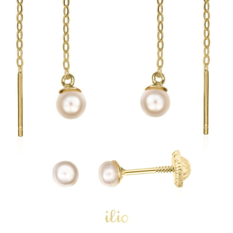 Set cercei aur galben - Perle mici 3 mm + Perle 4 mm cu lantisor