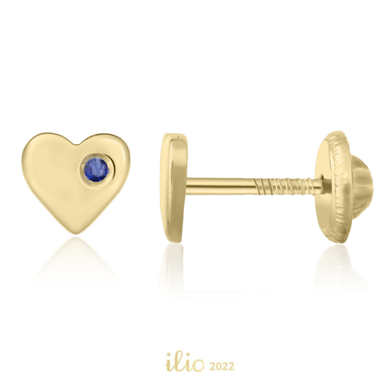 Cercei aur galben 14K Inimi safir lateral, 5 mm