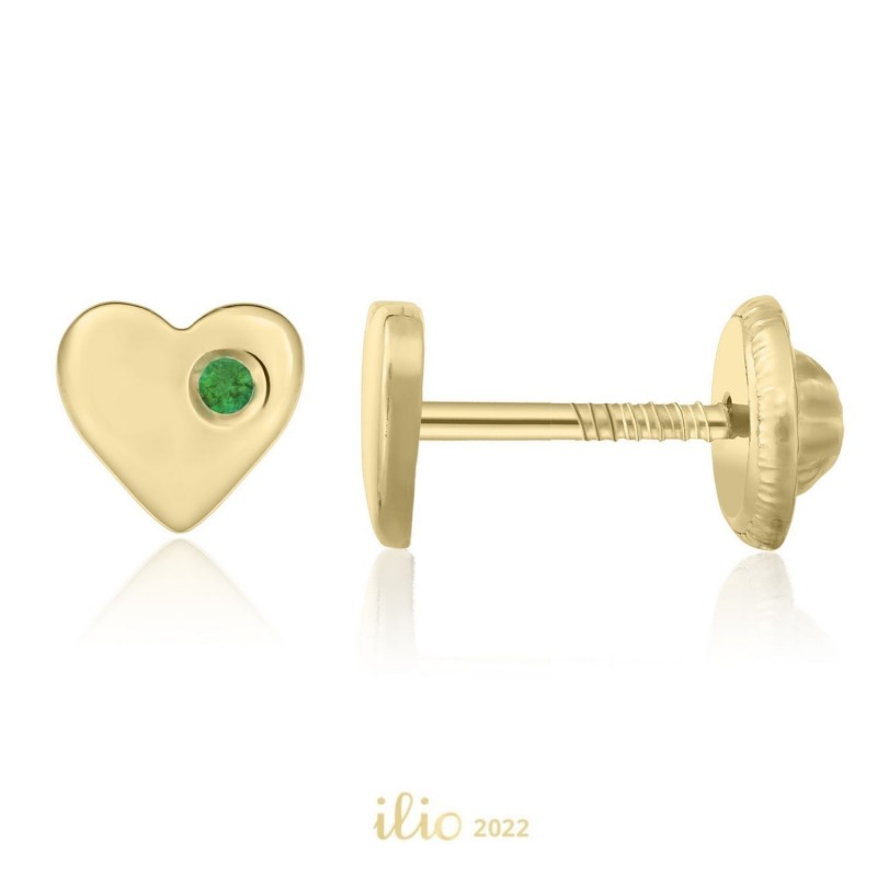 Cercei aur galben 14K Inimi smarald lateral, 5 mm