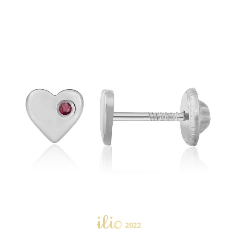 Cercei aur alb 14K Inimi rubin lateral, 5 mm