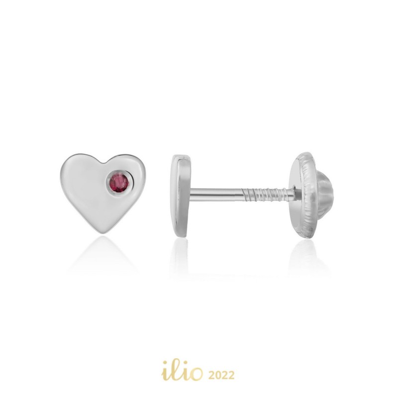 Cercei aur alb 14K Inimi rubin lateral, 5 mm