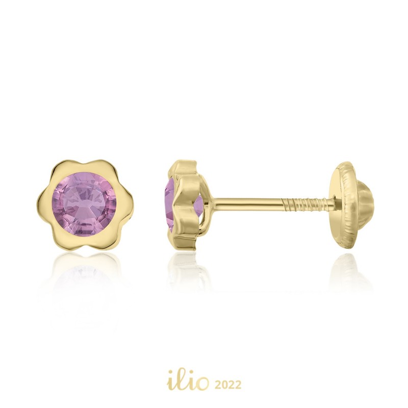 Cercei aur galben 14K Flori mari piatra mov, 5 mm
