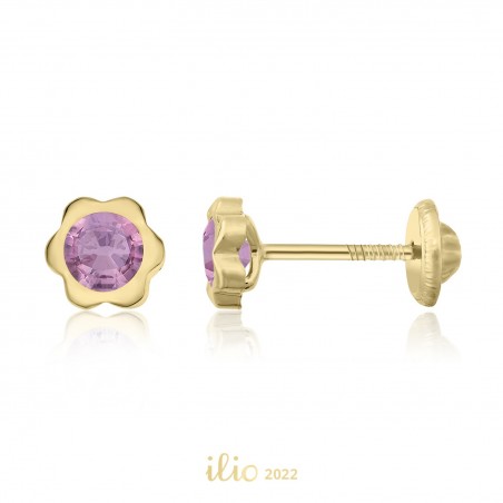 Cercei aur galben 14K Flori mari piatra mov, 5 mm