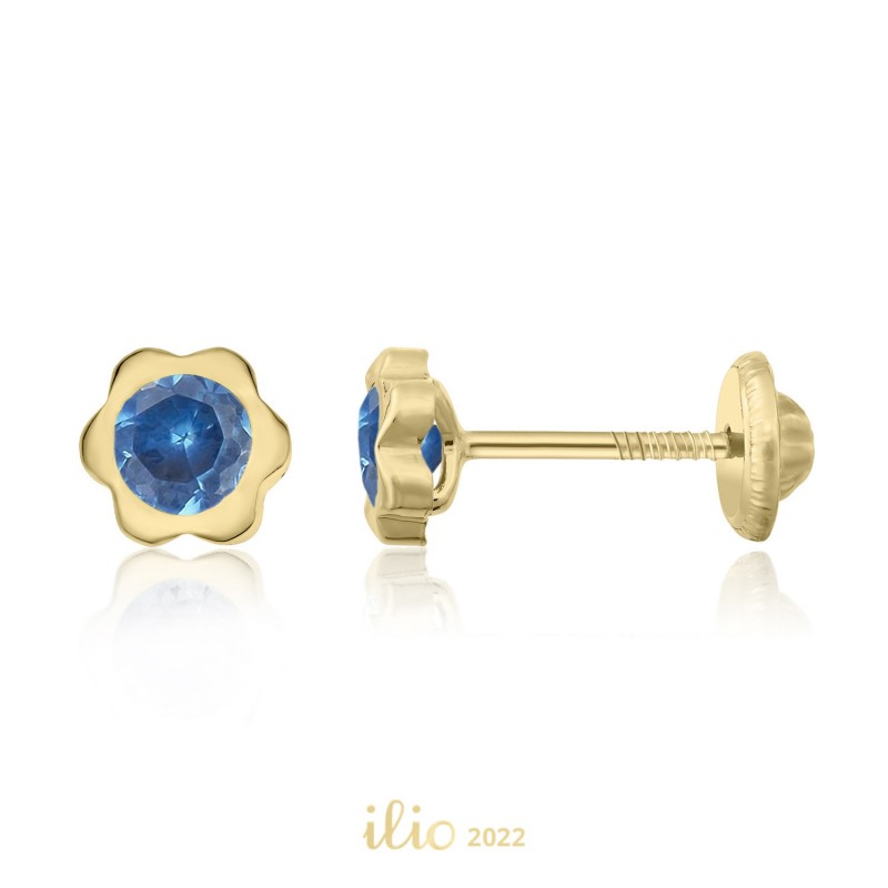 Cercei aur galben 14K Flori mari piatra albastra, 5 mm