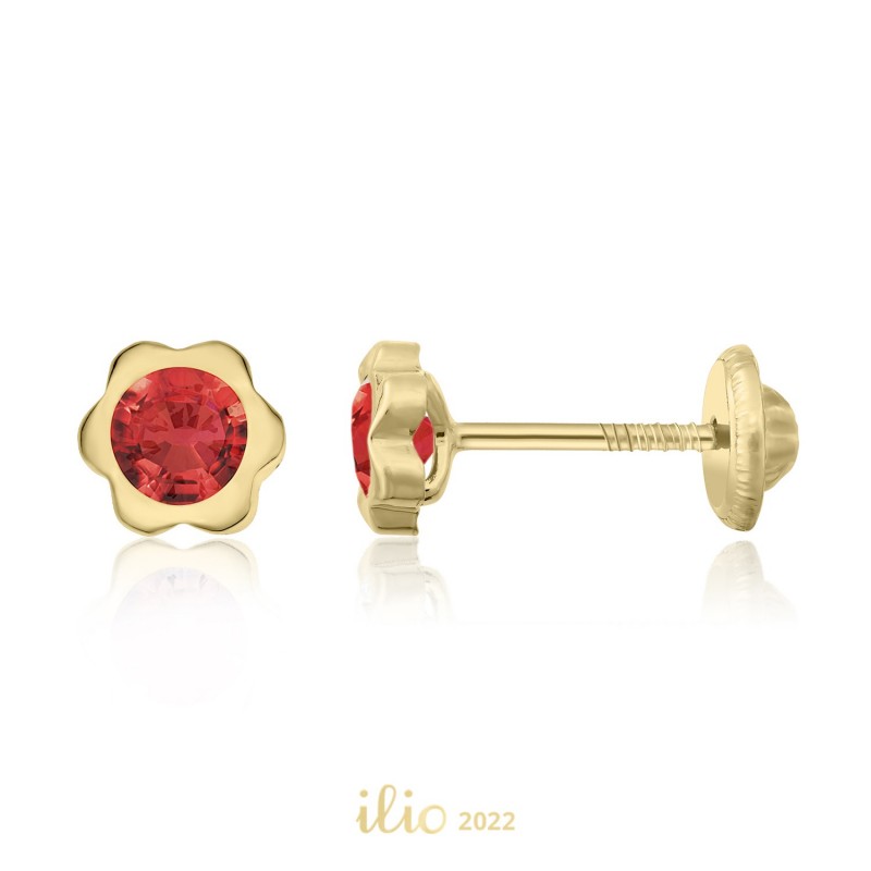 Cercei aur galben 14K Flori mari piatra rosie, 5 mm