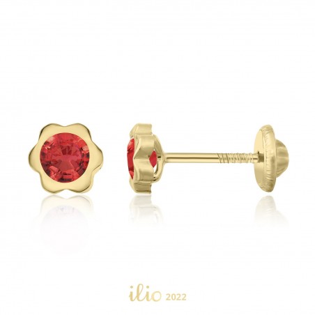 Cercei aur galben 14K Flori mari piatra rosie, 5 mm