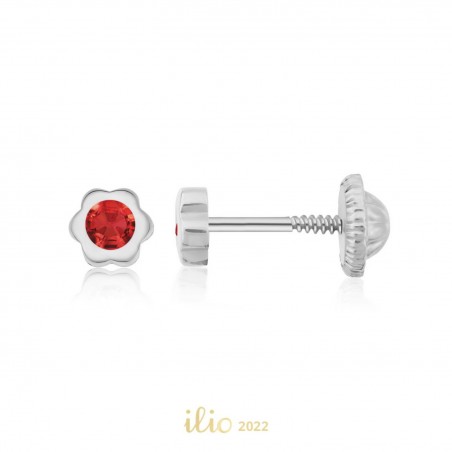 Cercei aur alb 14K Flori mici piatra rosie, 4 mm