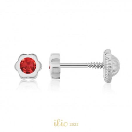 Cercei aur alb 14K Flori mici piatra rosie, 4 mm