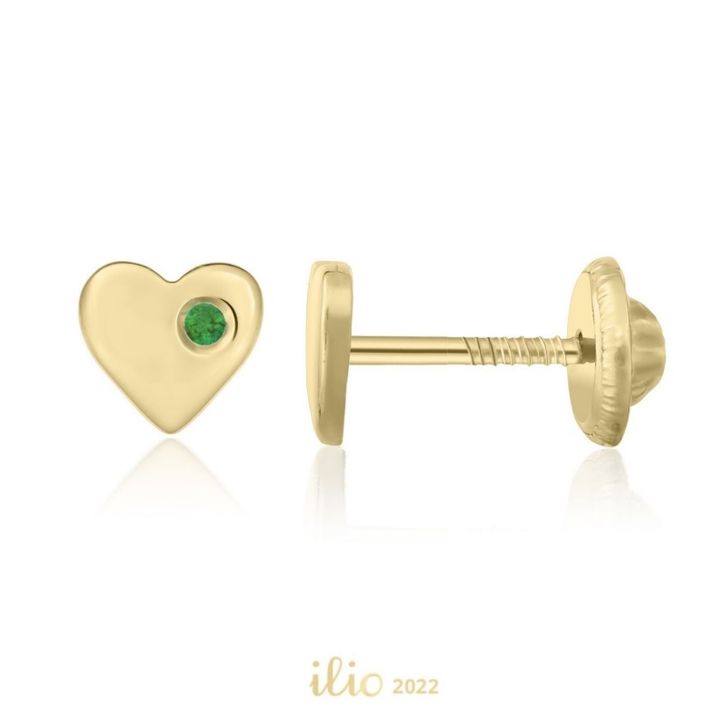 Cercei aur galben 14K Inimi smarald lateral, 5 mm
