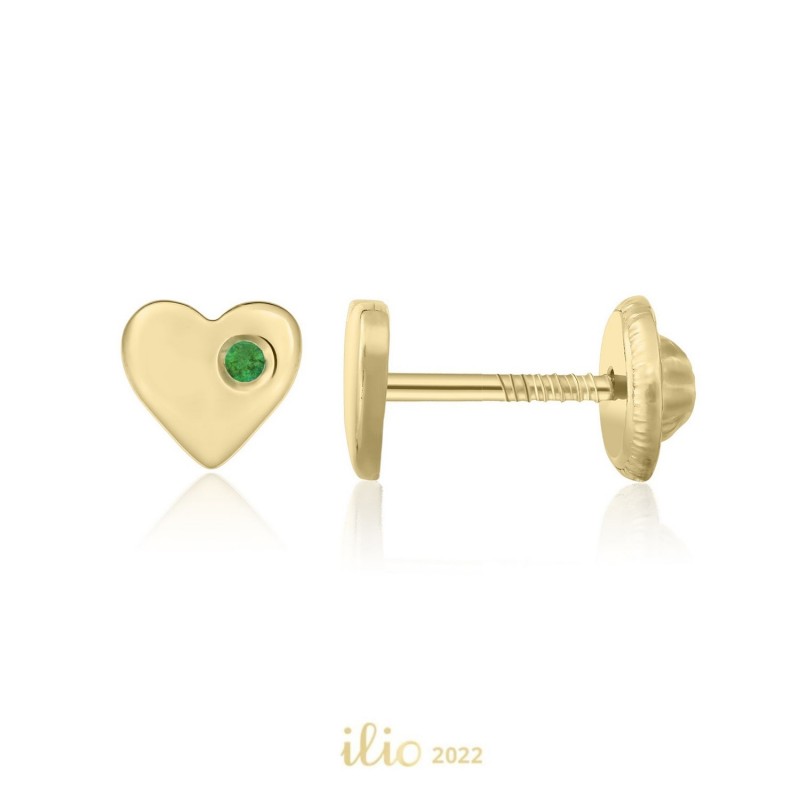 Cercei aur galben 14K Inimi smarald lateral, 5 mm