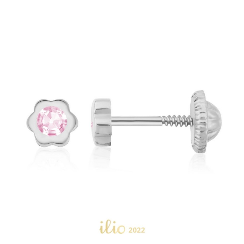 Cercei aur alb 14K Flori mici piatra roz, 4 mm
