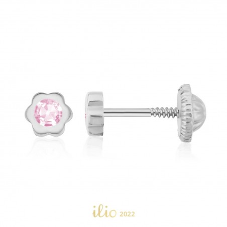 Cercei aur alb 14K Flori mici piatra roz, 4 mm