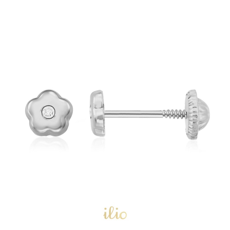 Cercei aur alb 14K Flori mici diamant, 4 mm