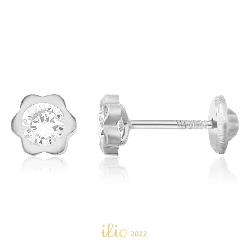 Cercei aur alb 14K Flori mari piatra incolora, 5 mm