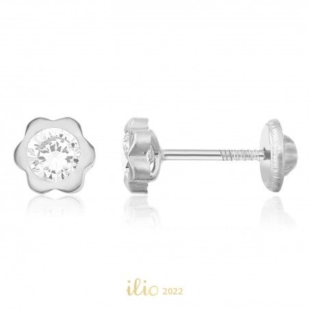 Cercei aur alb 14K Flori mari piatra incolora, 5 mm