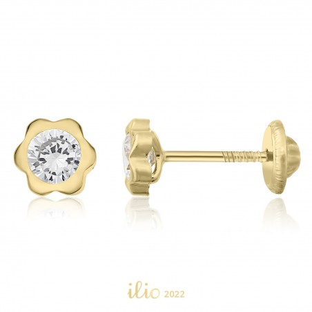 Cercei aur galben 14K Flori mari piatra incolora, 5 mm