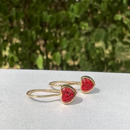 Cercei aur galben 14K Tortite hip Inimi pietre rosii, 14 mm