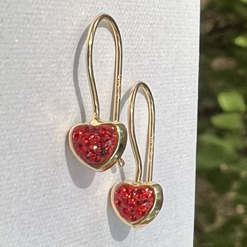 Cercei aur galben 14K Tortite hip Inimi pietre rosii, 14 mm
