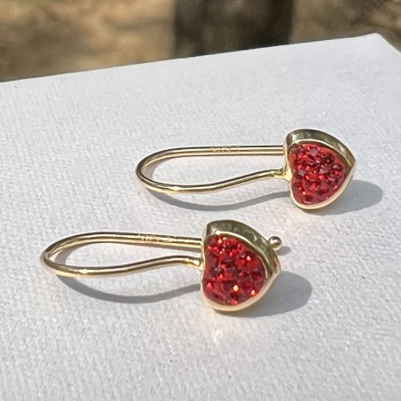 Cercei aur galben 14K Tortite hip Inimi pietre rosii, 14 mm