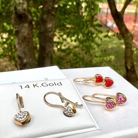 Cercei aur galben 14K Tortite hip Inimi pietre rosii, 14 mm