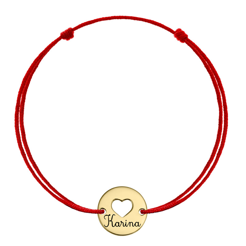 Pandant Banut cu inimioara si nume gravat, 8 mm - aur galben 14K pe bratara snur
