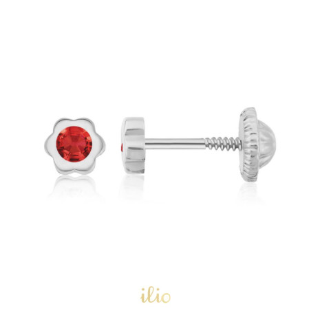 Cercei aur alb 14K Flori mici piatra rosie, 4 mm
