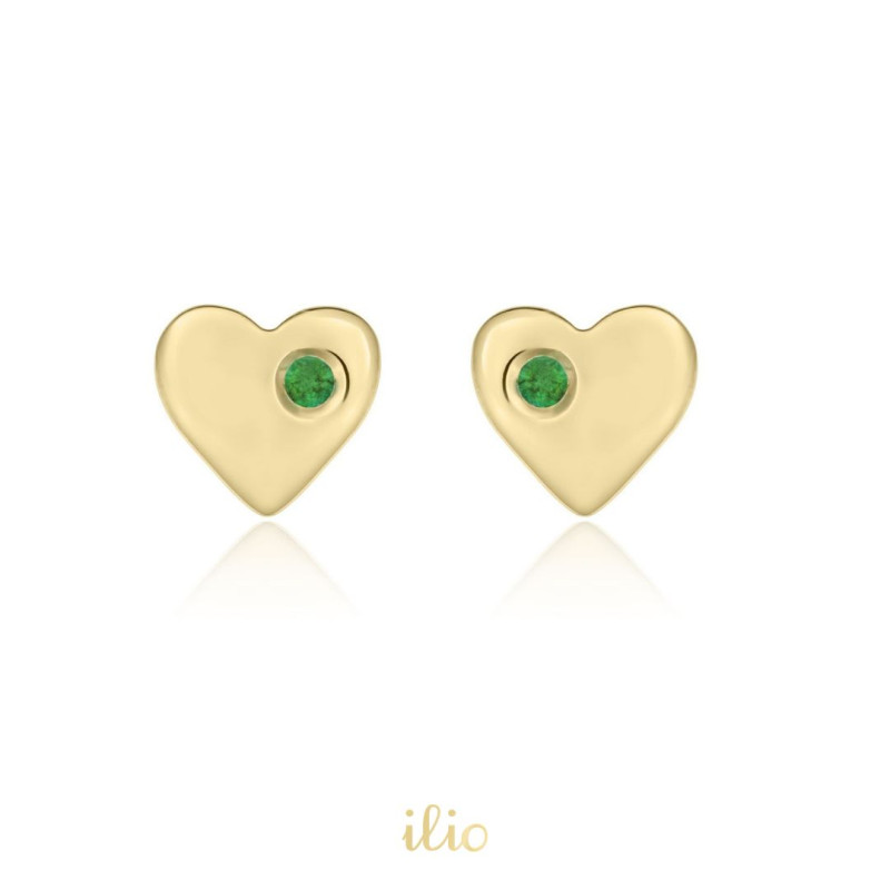Cercei aur galben 14K Inimi smarald lateral, 5 mm