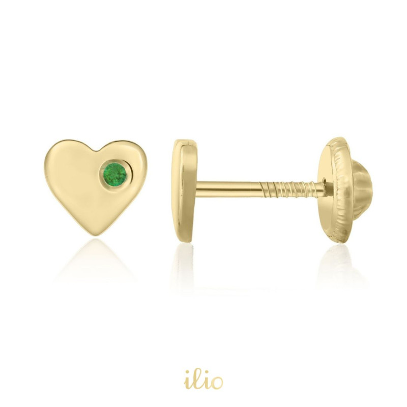 Cercei aur galben 14K Inimi smarald lateral, 5 mm