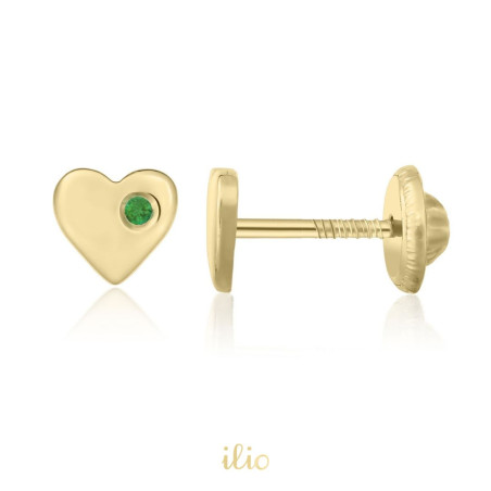 Cercei aur galben 14K Inimi smarald lateral, 5 mm