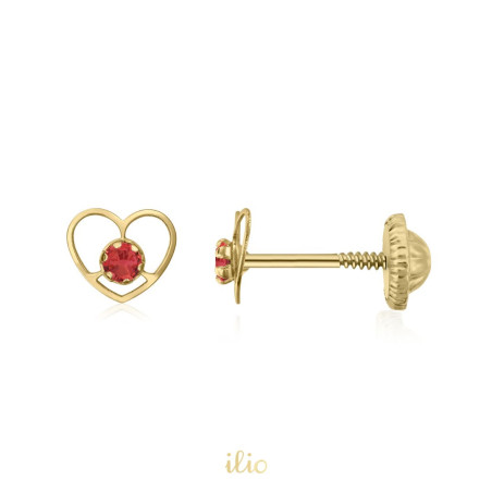 Inimi contur fin piatra rosie, 6 mm - Cercei aur galben 14K