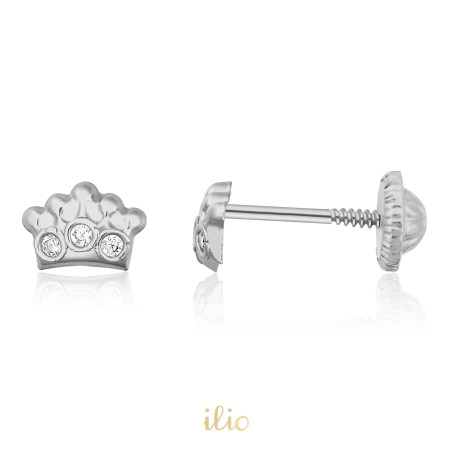 Coronite 3 diamante, 6 mm - Cercei aur alb 14K