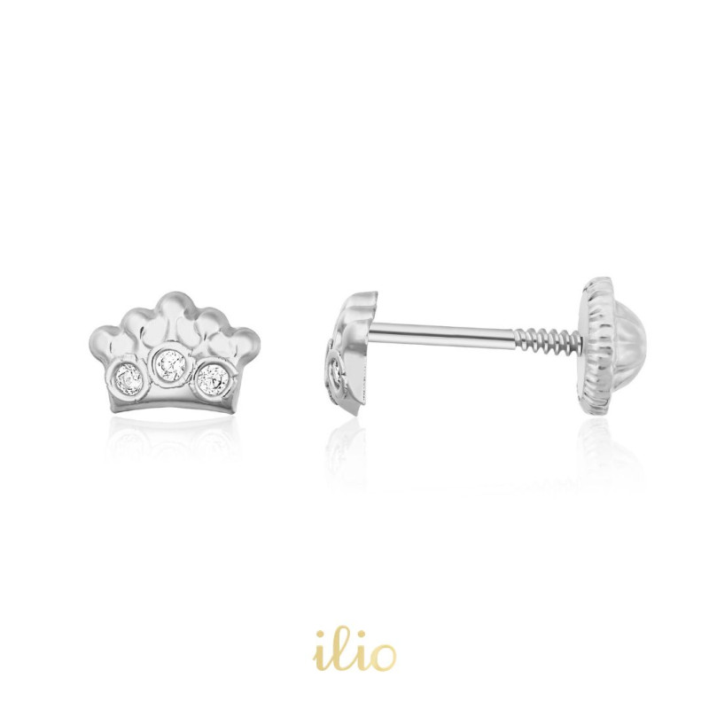 Coronite 3 diamante, 6 mm - Cercei aur alb 14K