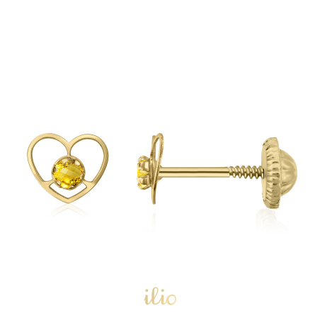 Inimi contur fin citrin, 6 mm - Cercei aur galben 14K