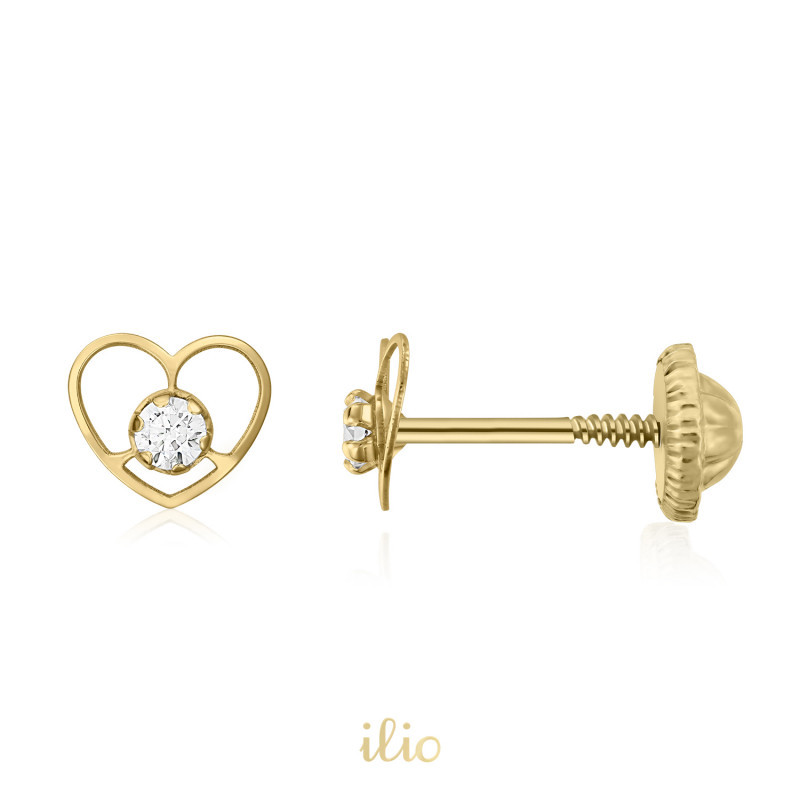 Inimi contur fin diamant, 6 mm - Cercei aur galben 14K