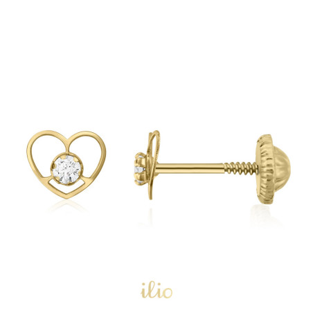 Inimi contur fin diamant, 6 mm - Cercei aur galben 14K
