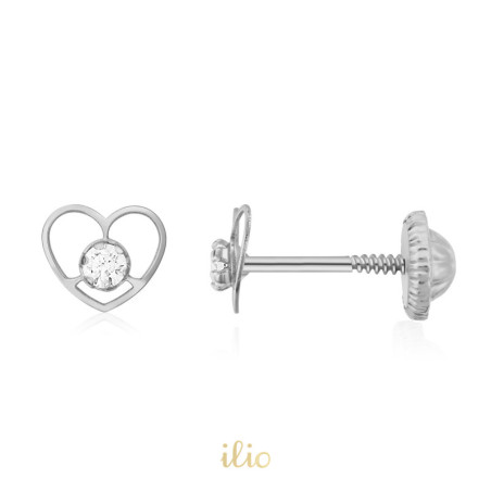 Inimi contur fin diamant, 6 mm - Cercei aur alb 14K