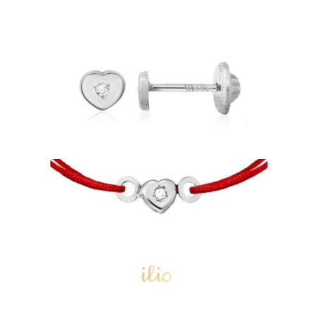 Set cercei + bratara snur - Inimioare cu diamant aur alb 14K