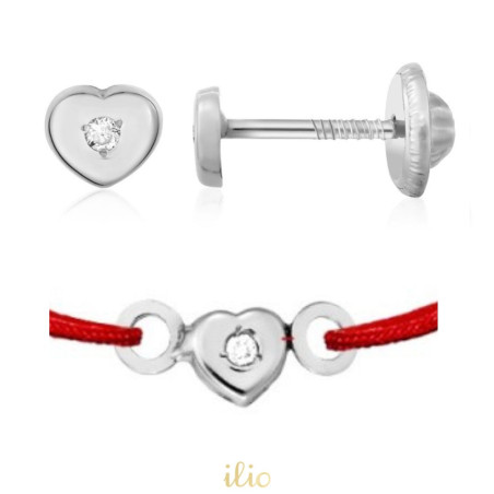 Set cercei + bratara snur - Inimioare cu diamant aur alb 14K